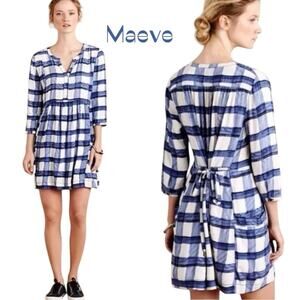 Anthropologie Maeve Blue And White Plaid Cottage Boho Chic Dress NWOT Size M